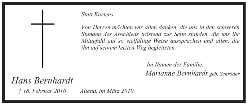  Traueranzeige für Hans Bernhardt vom 27.03.2010 aus WESTFÄLISCHER ANZEIGER