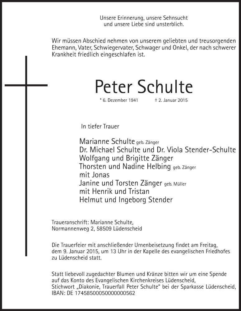  Traueranzeige für Peter Schulte vom 06.01.2015 aus MZV