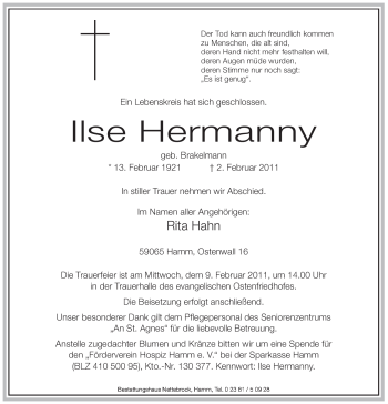 Traueranzeige von Ilse Hermanny von WESTFÄLISCHER ANZEIGER