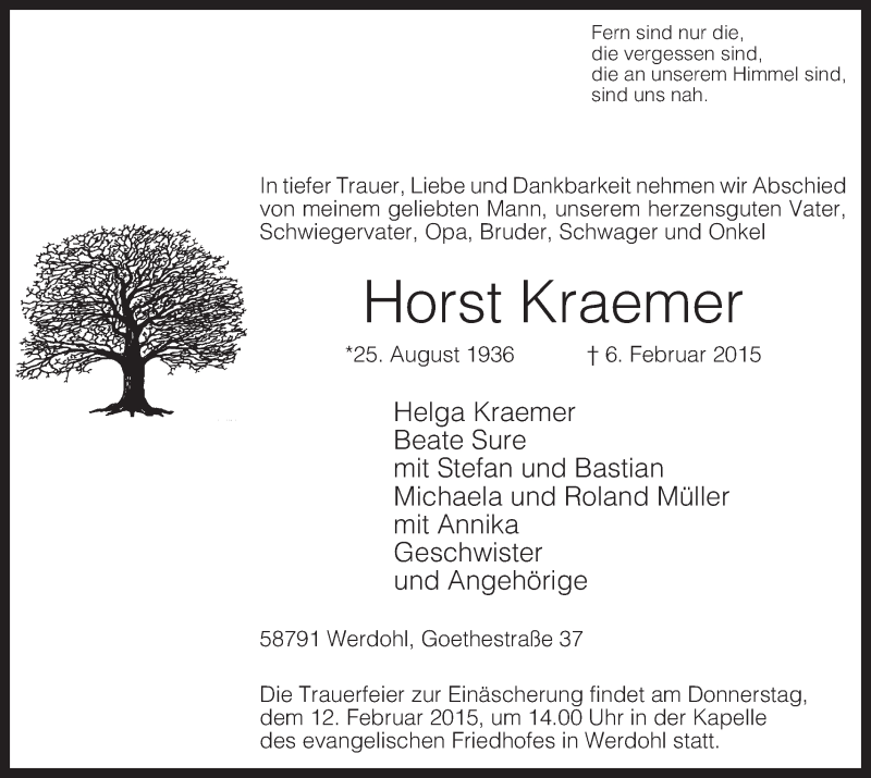  Traueranzeige für Horst Kraemer vom 10.02.2015 aus MZV