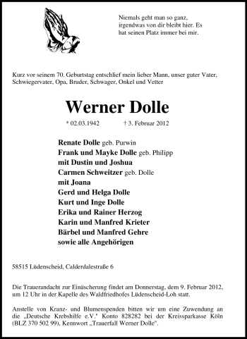 Traueranzeige von Werner Dolle von WESTFÄLISCHER ANZEIGER