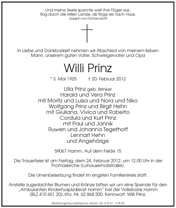 Traueranzeige von Willi Prinz von WESTFÄLISCHER ANZEIGER