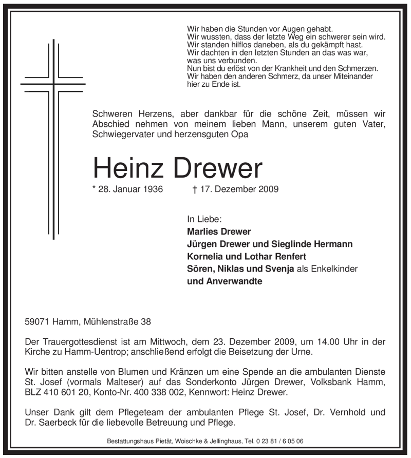  Traueranzeige für Heinz Drewer vom 19.12.2009 aus WESTFÄLISCHER ANZEIGER