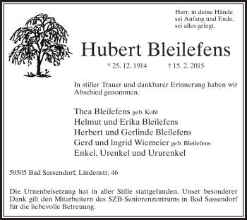 Traueranzeige von Hubert Bleilefens von MZV
