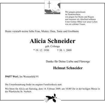 Traueranzeige von Alicia Schneider von WESTFÄLISCHER ANZEIGER