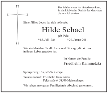 Traueranzeige von Hilde Schael von WESTFÄLISCHER ANZEIGER