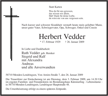 Traueranzeige von Herbert Vedder von WESTFÄLISCHER ANZEIGER