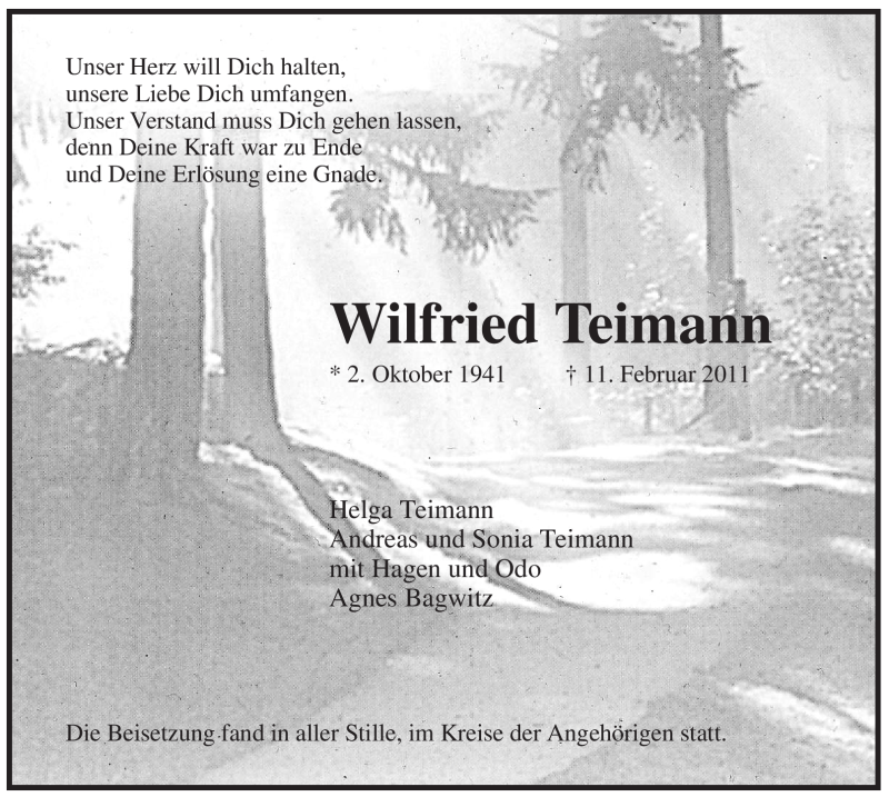  Traueranzeige für Wilfried Teimann vom 19.02.2011 aus WESTFÄLISCHER ANZEIGER