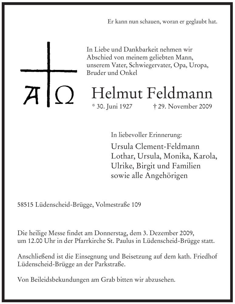  Traueranzeige für Helmut Feldmann vom 01.12.2009 aus WESTFÄLISCHER ANZEIGER