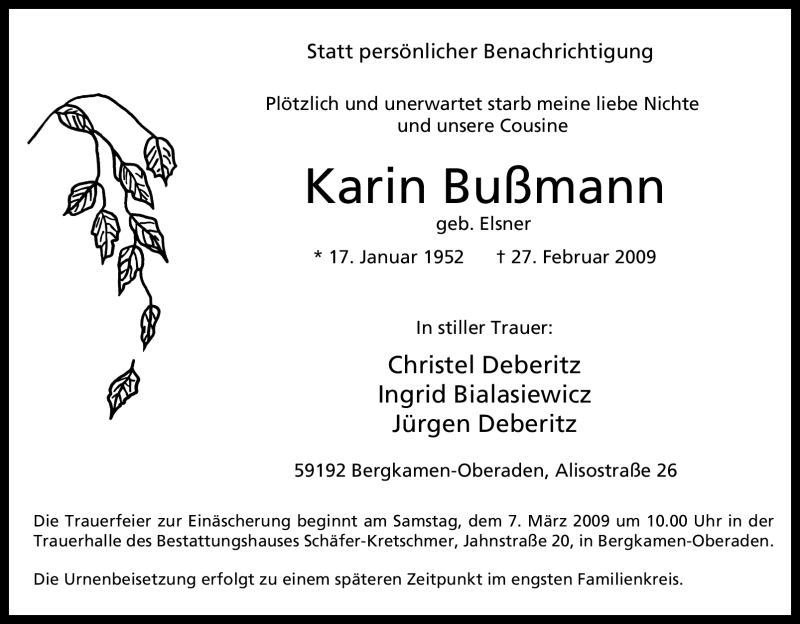  Traueranzeige für Karin Bußmann vom 05.03.2009 aus WESTFÄLISCHER ANZEIGER