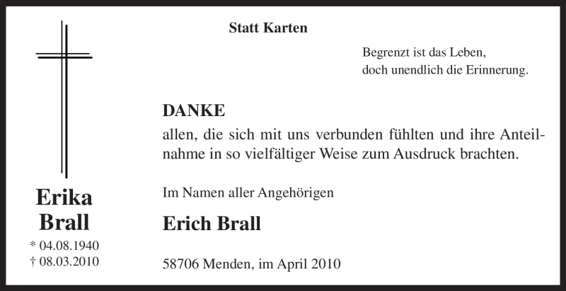  Traueranzeige für Erika Brall vom 24.04.2010 aus WESTFÄLISCHER ANZEIGER