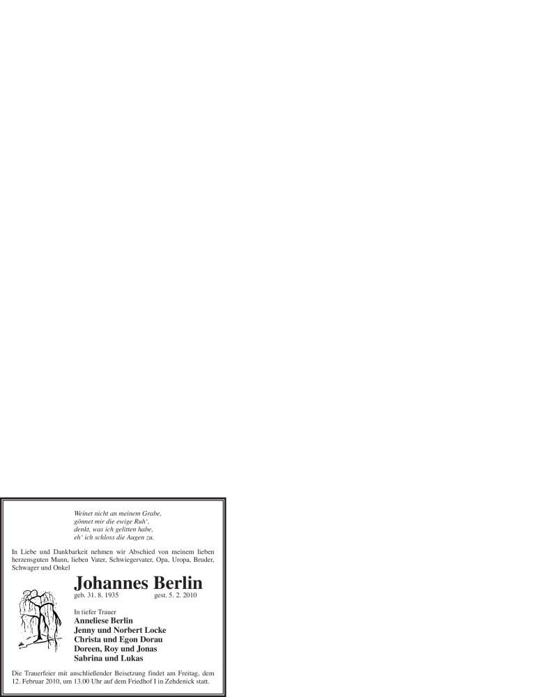  Traueranzeige für Johannes Berlin vom 09.02.2010 aus WESTFÄLISCHER ANZEIGER