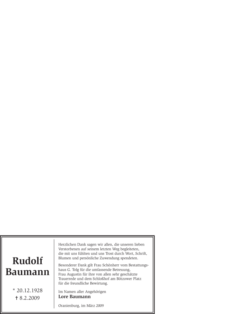  Traueranzeige für Rudolf Baumann vom 07.03.2009 aus WESTFÄLISCHER ANZEIGER