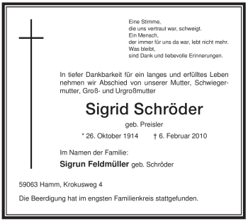 Traueranzeige von Sigrid Schröder von WESTFÄLISCHER ANZEIGER