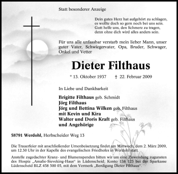 Traueranzeige von Dieter Filthaus von WESTFÄLISCHER ANZEIGER