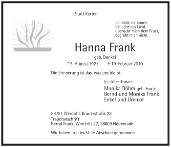 Traueranzeige von Hanna Frank von WESTFÄLISCHER ANZEIGER