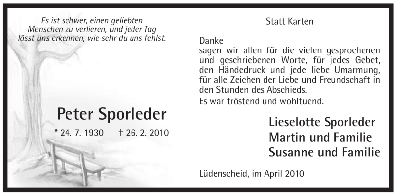  Traueranzeige für Peter Sporleder vom 03.04.2010 aus WESTFÄLISCHER ANZEIGER