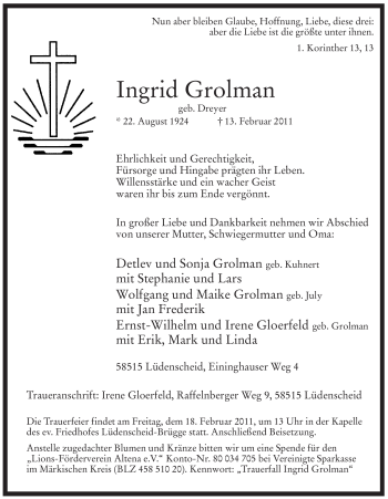 Traueranzeige von Ingrid Grolmann von WESTFÄLISCHER ANZEIGER