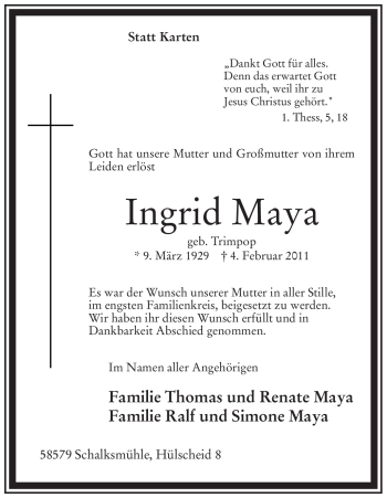 Traueranzeige von Ingrid Maya von WESTFÄLISCHER ANZEIGER
