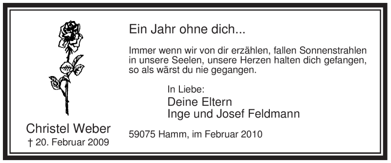  Traueranzeige für Christel Weber vom 20.02.2010 aus WESTFÄLISCHER ANZEIGER