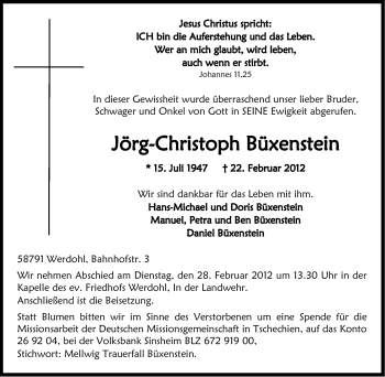 Traueranzeige von Jörg-Christoph Büxenstein von WESTFÄLISCHER ANZEIGER