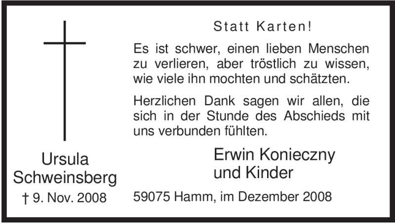  Traueranzeige für Ursula Schweinsberg vom 13.12.2008 aus WESTFÄLISCHER ANZEIGER