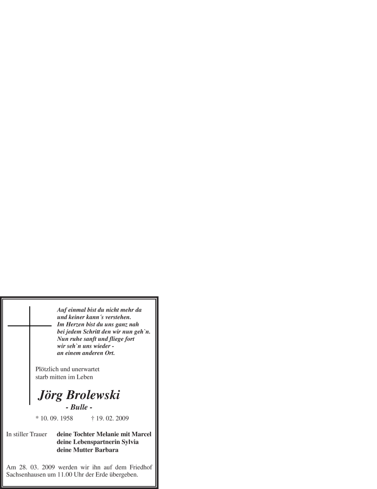  Traueranzeige für Jörg Brolewski vom 21.03.2009 aus WESTFÄLISCHER ANZEIGER