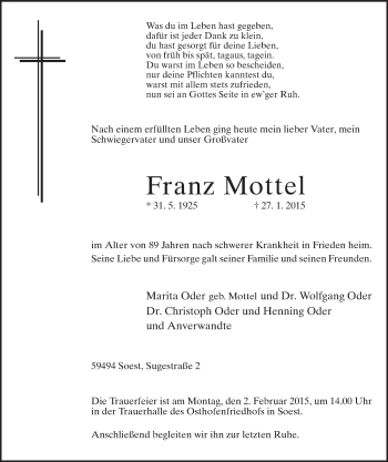 Traueranzeige von Franz Mottel von MZV