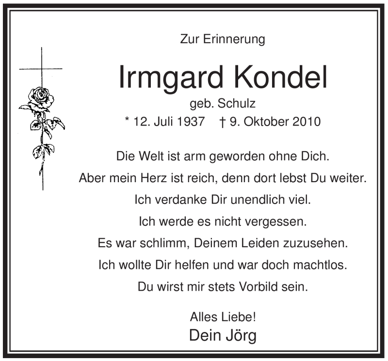  Traueranzeige für Irmgard Kondel vom 12.07.2011 aus WESTFÄLISCHER ANZEIGER