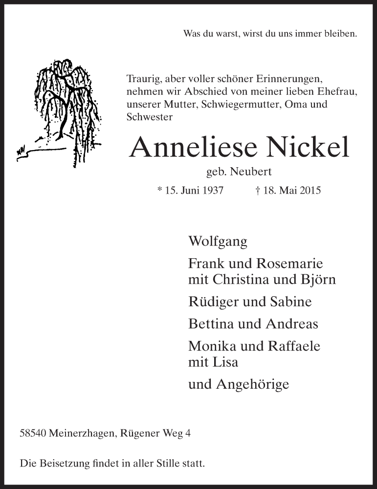  Traueranzeige für Anneliese Nickel vom 23.05.2015 aus MZV