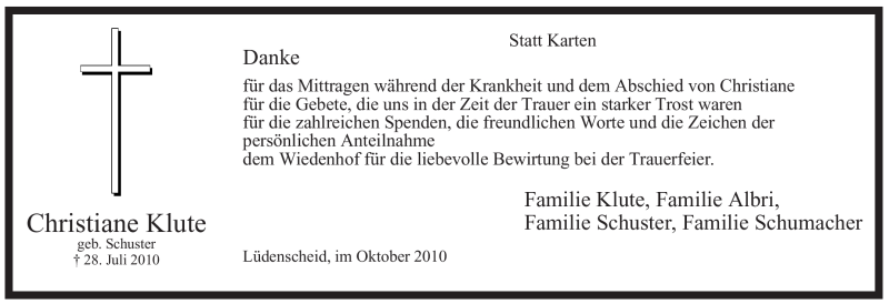  Traueranzeige für Christiane Klute vom 09.10.2010 aus WESTFÄLISCHER ANZEIGER