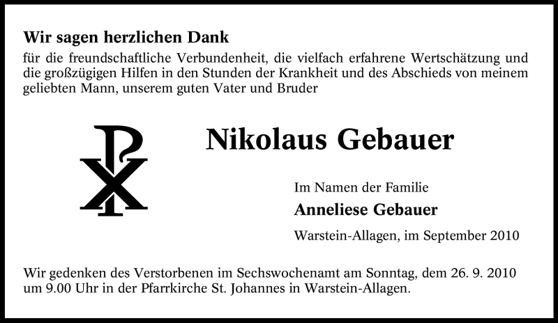  Traueranzeige für Nikolaus Gebauer vom 25.09.2010 aus WESTFÄLISCHER ANZEIGER