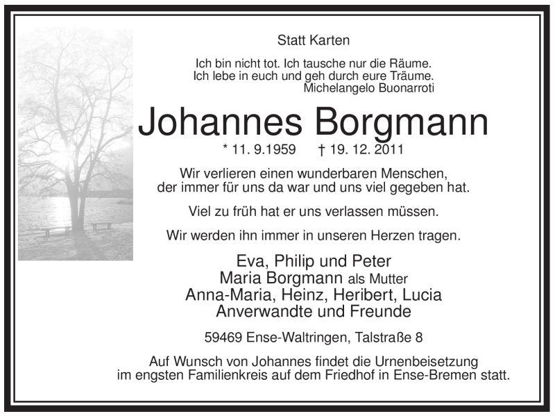  Traueranzeige für Johannes Borgmann vom 21.12.2011 aus WESTFÄLISCHER ANZEIGER