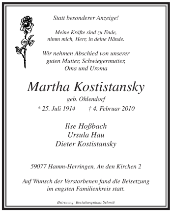 Traueranzeige von Martha Kostistansky von WESTFÄLISCHER ANZEIGER