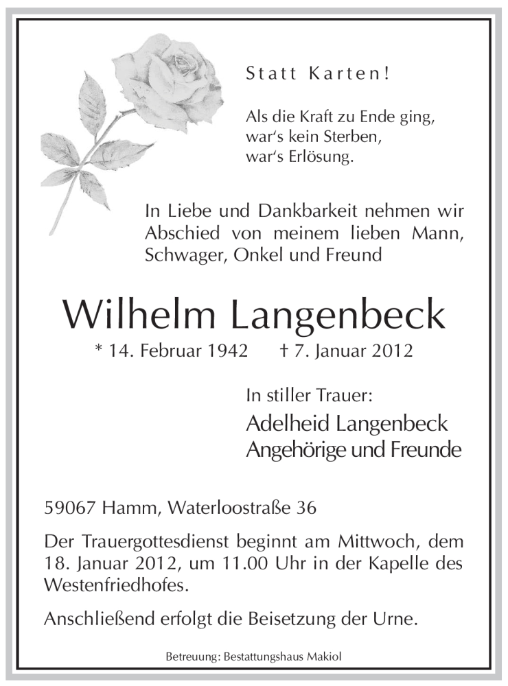  Traueranzeige für Wilhelm Langenbeck vom 11.01.2012 aus WESTFÄLISCHER ANZEIGER