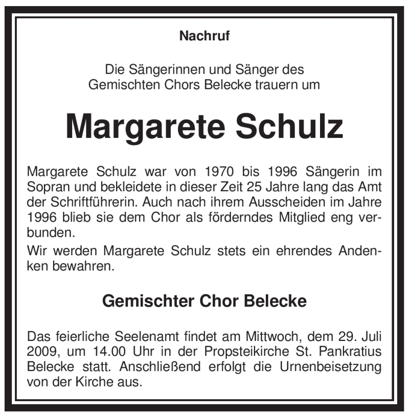  Traueranzeige für Margarete Schulz vom 29.07.2009 aus WESTFÄLISCHER ANZEIGER