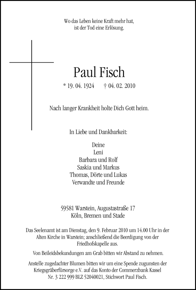  Traueranzeige für Paul Fisch vom 06.02.2010 aus WESTFÄLISCHER ANZEIGER