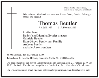 Traueranzeige von Thomas Beutler von WESTFÄLISCHER ANZEIGER