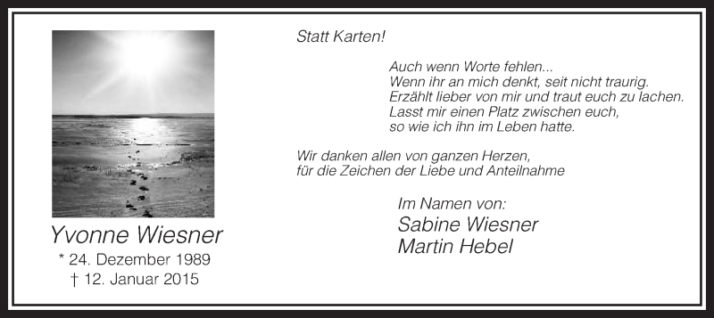  Traueranzeige für Yvonne Wiesner vom 14.02.2015 aus MZV