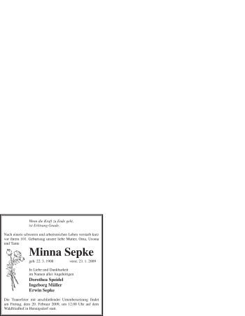 Traueranzeige von Minna Sepke von WESTFÄLISCHER ANZEIGER