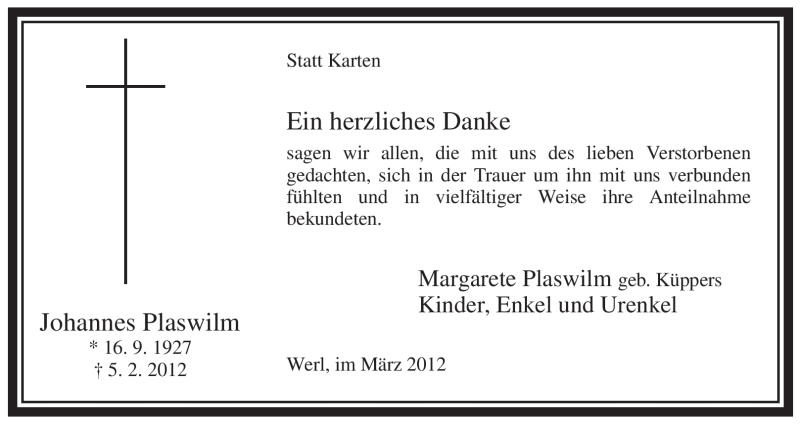  Traueranzeige für Johannes Plaswilm vom 10.03.2012 aus WESTFÄLISCHER ANZEIGER