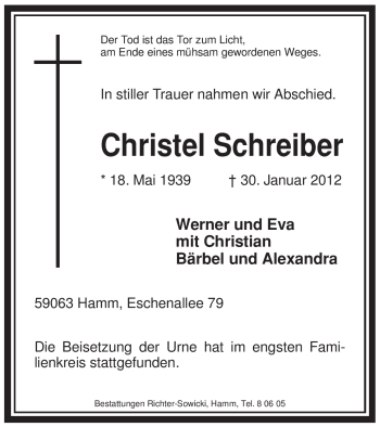 Traueranzeige von Christel Schreiber von WESTFÄLISCHER ANZEIGER