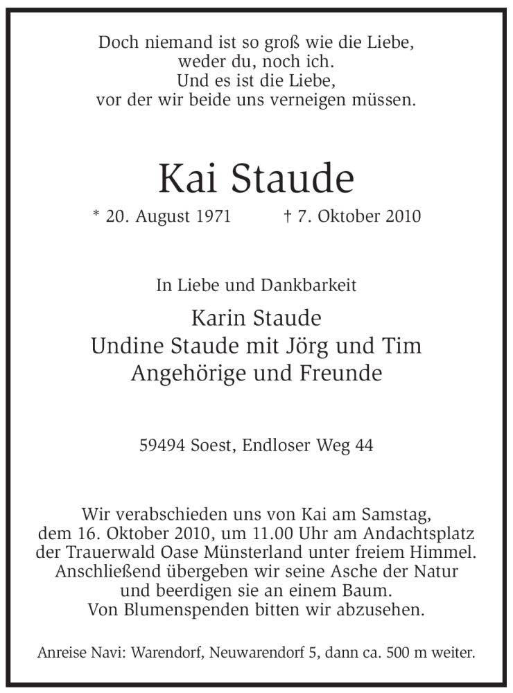  Traueranzeige für Kai Staude vom 11.10.2010 aus WESTFÄLISCHER ANZEIGER