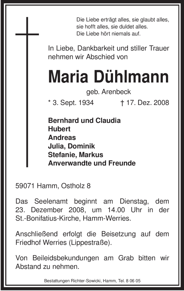  Traueranzeige für Maria Dühlmann vom 20.12.2008 aus WESTFÄLISCHER ANZEIGER
