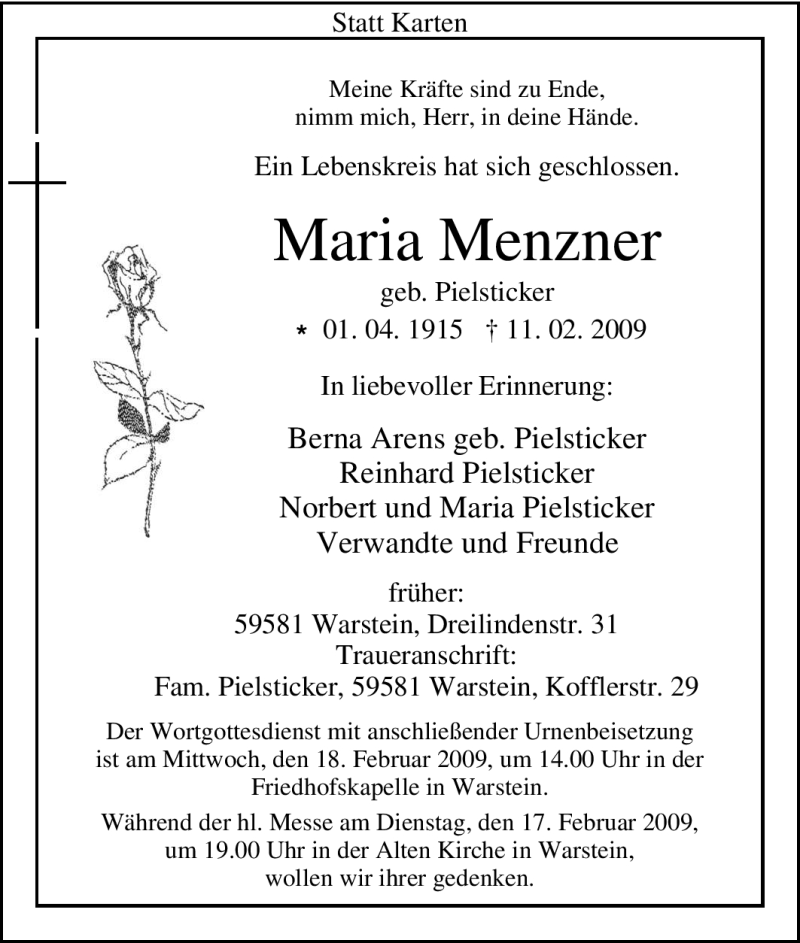  Traueranzeige für Maria Menzner vom 12.02.2009 aus WESTFÄLISCHER ANZEIGER