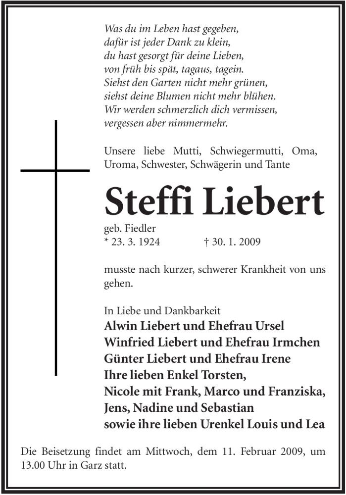  Traueranzeige für Steffi Liebert vom 04.02.2009 aus WESTFÄLISCHER ANZEIGER