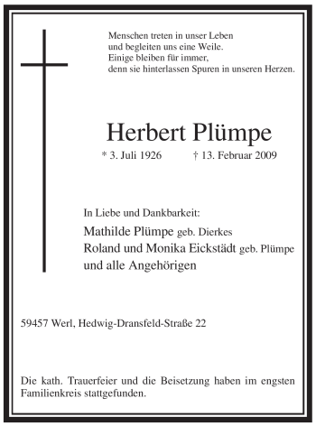 Traueranzeige von Herbert Plümpe von WESTFÄLISCHER ANZEIGER