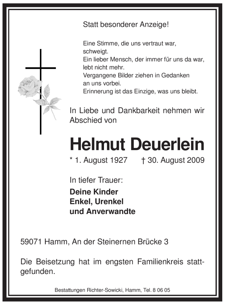  Traueranzeige für Helmut Deuerlein vom 08.09.2009 aus WESTFÄLISCHER ANZEIGER