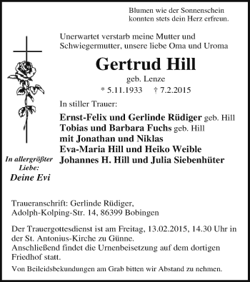 Traueranzeige von Gertrud Hill von MZV