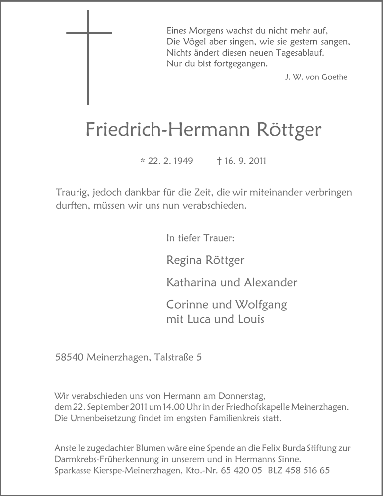  Traueranzeige für Friedrich-Hermann Röttger vom 20.09.2011 aus WESTFÄLISCHER ANZEIGER